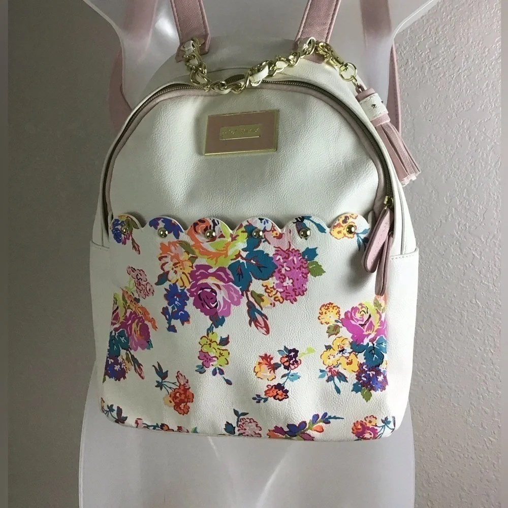 BETSEY JOHNSON BACKPACK BONE BLUSH PINK FLORAL Bag Faux Leather